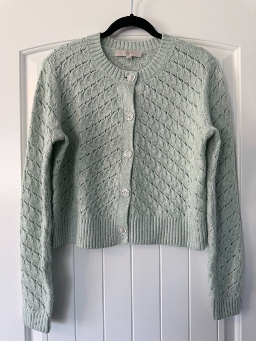 Ann Taylor Loft Shimmer Pointelle Minty Heather Cardigan Sweater - Size Medium